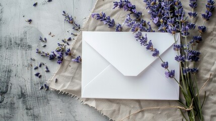 Poster - Top view of envelope mockup with dry lavender flowers on canvas backdrop and vintage style craft envelope with lavender bouquet Suitable for occasions like Birthday Valentine s Day wedding