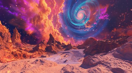 Wall Mural - A distant planet with swirling, colorful skies and unusual geological formations.