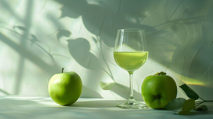 Wall Mural - A glass of apple juice is on a table with two apples