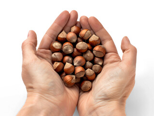 Wall Mural - A hands holds a handful of hazelnuts, isolated from the white background