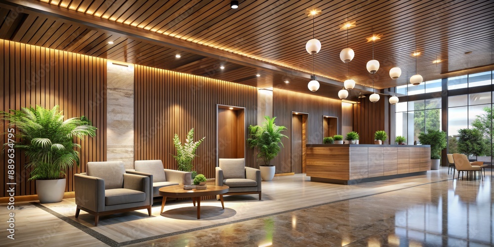 Modern Hotel Lobby Interior Design with Wooden Wall Panels and Pendant ...