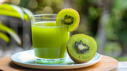 Wall Mural - A glass of green juice with a slice of kiwi on top