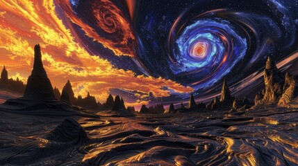 Wall Mural - A distant planet with swirling, colorful skies and unusual geological formations.