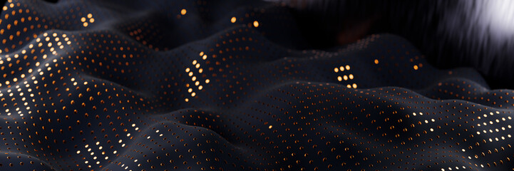 Poster - Abstract image of a dark, wavy surface with small, illuminated dots. 3d rendering