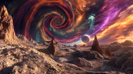 Wall Mural - A distant planet with swirling, colorful skies and unusual geological formations.