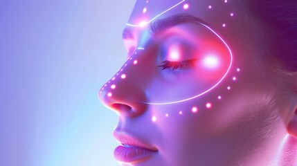 Aufkleber - A woman's face is illuminated by neon lights, creating a futuristic and surreal effect.