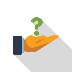 Poster - businessman is holding a question mark in his open hand, symbolizing a request for information
