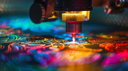 Poster - A laser engraving machine creates an intricate design on a surface. The laser beam is focused on the material, cutting away the top layer and creating a detailed pattern.