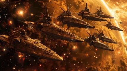 Wall Mural - A fleet of ancient alien warships emerging from a temporal rift to challenge modern space-faring civilizations.