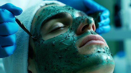 Wall Mural - A man lies on a treatment table with a green mask covering his face. Someone applies more of the mask with a brush.