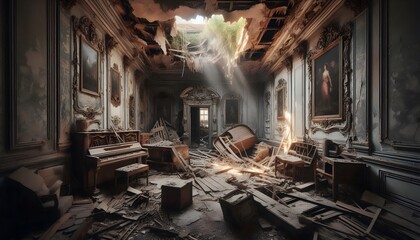 Wall Mural - Inside an old abandoned building with a piano