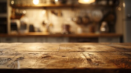 Wall Mural - Rustic Wooden Tabletop with Blurred Kitchen Background