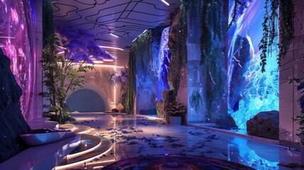 Wall Mural - A futuristic art gallery with holographic installations and interactive exhibits.