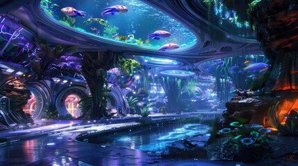 Poster - A futuristic aquarium with exotic alien marine creatures.