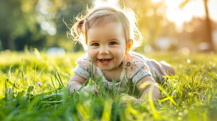 Adorable baby girl crawling on grass in sunny park, smiling happily