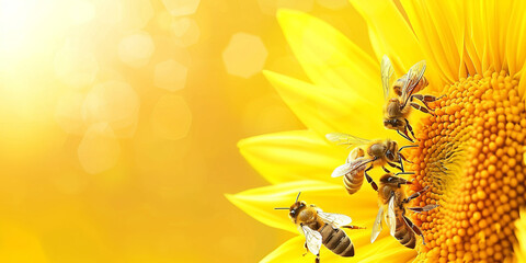 Honeybees Pollinating a Vibrant Sunflower on a Sunny Day