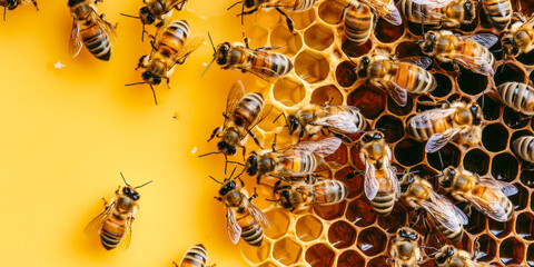 Wall Mural - close-up of bees on honeycomb: honey production and beekeeping