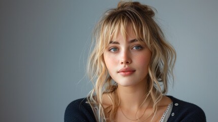 Wall Mural - Portrait of a Young Woman with Blonde Curly Hair and Blue Eyes