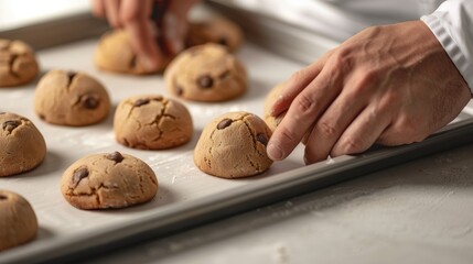 A baker's hands shaping cookie dough into balls, with a tray of cookies ready for the oven, high-resolution photo, realistic photo, cinematography, hyper realistic