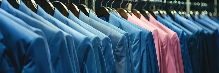 many royal blue business suits hanging on clothing rack with pastel pink dress shirts,