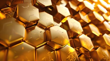 Abstract background with gold geometric hexagons in three dimensions.