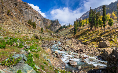 Wall Mural - Serene Landscape of Chandanwadi near Phalgam town in Anantnag district of Jammu and Kashmir, India. Chandanwadi is starting point Amarnath holy cave pilgrimage and popular tourist destination.