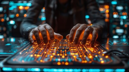 Poster - Close Up Of Hands Typing On A Futuristic Keyboard In A Server Room
