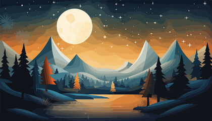 Night landscape with lake, forest and mountains. Vector cartoon illustration.