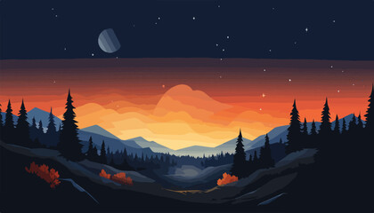 Night landscape with mountains and forest. Vector illustration in flat style.