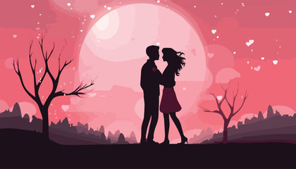 Silhouette of a loving couple on the background of the moon