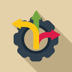 Poster - concept of choosing the best business strategy with a gear and colorful arrows pointing in different