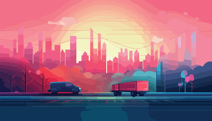 Wall Mural - Truck on the road in the city at sunset. Vector illustration