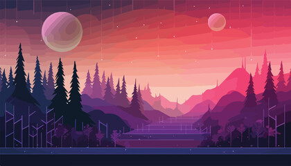 Wall Mural - Night landscape with mountains, forest and moon. Vector cartoon illustration.