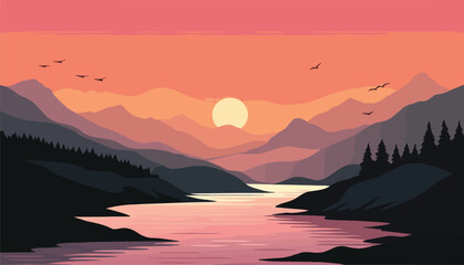 Wall Mural - Mountain landscape with lake and forest at sunset. Vector illustration.