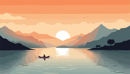 Wall Mural - Illustration of a lake landscape with a boat and mountains at sunset