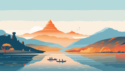 Wall Mural - Beautiful landscape with mountains, lake and boats. Vector illustration.