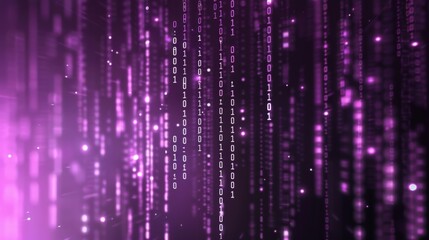 Poster - Glittering pink and purple digital binary code falls down a dark background.