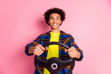 Sticker - Photo of cheerful positive nice man wear clothes ride drive car fast speed isolated on pink color background