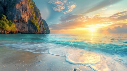 Wall Mural - sun descending over a beach, waves crashing shoreward, cliff in distant view