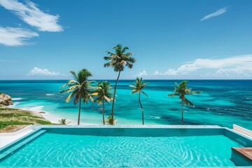 Poster - Scenic tropical island with palm trees and clear blue water offering a perfect escape to paradise