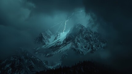 Wall Mural -  A towering mountain, blanketed in snow, under a stormy night sky Its peak pierces the darkness, illuminated by a solitary lightning bolt