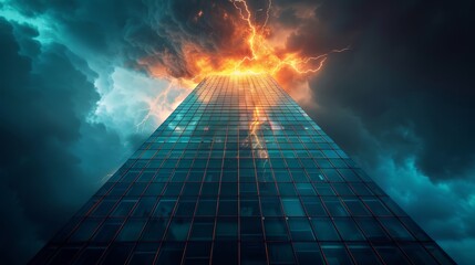 Wall Mural -  A towering structure with numerous windows and flashes of lightning emanating from its peak