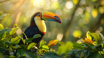 A colorful toucan with a yellow-orange beak in a tropical forest sits on a tree branch surrounded by greenery in the warm rays of the sun.