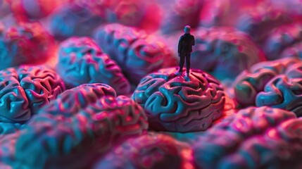 Miniature man standing on a brain surrounded by a field of brains