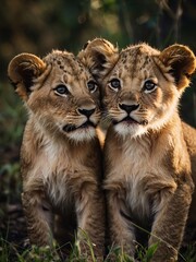 Wall Mural - Playful Lion Cubs Posing Together