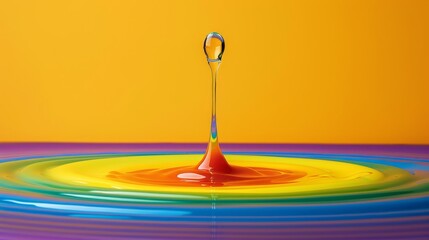  A yellow background hosts a rainbow-hued pool of water, its center graced by a solitary drop