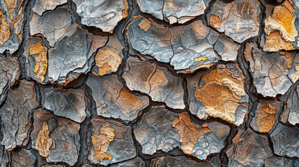 Wall Mural -  A tight shot of tree bark, displaying cuts and patches of yellow and blue paint