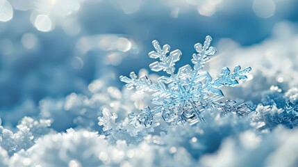 Poster -  A close-up of a solitary snowflake, intricately detailed and appearing as a miniature snowflake cluster