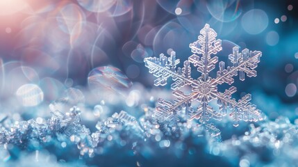 Wall Mural -  A tight shot of a snowflake against a softly blurred backdrop of twinkling lights