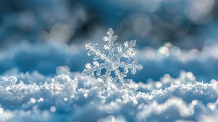 Wall Mural -  A tight shot of a solitary snowflake against a backdrop of pristine snow in the foreground, and a clear blue sky beyond